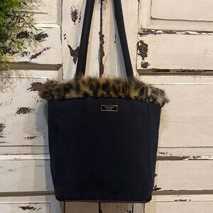 kate spade black everything Eva tote with leopard faux fur trim